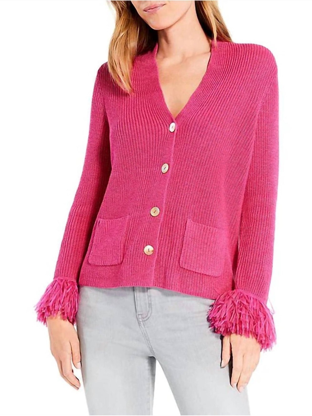 Nic + Zoe Hot Pink Fringe Sleeve Button Down Cardigan Sweater